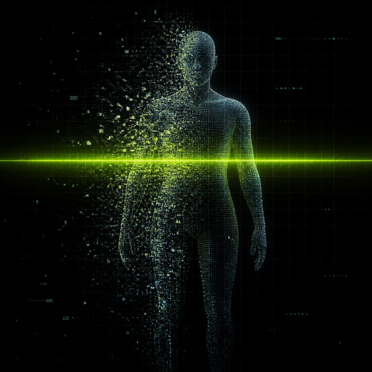 Abstract visualization of a human silhouette made of pixels being scanned by a neon detection grid